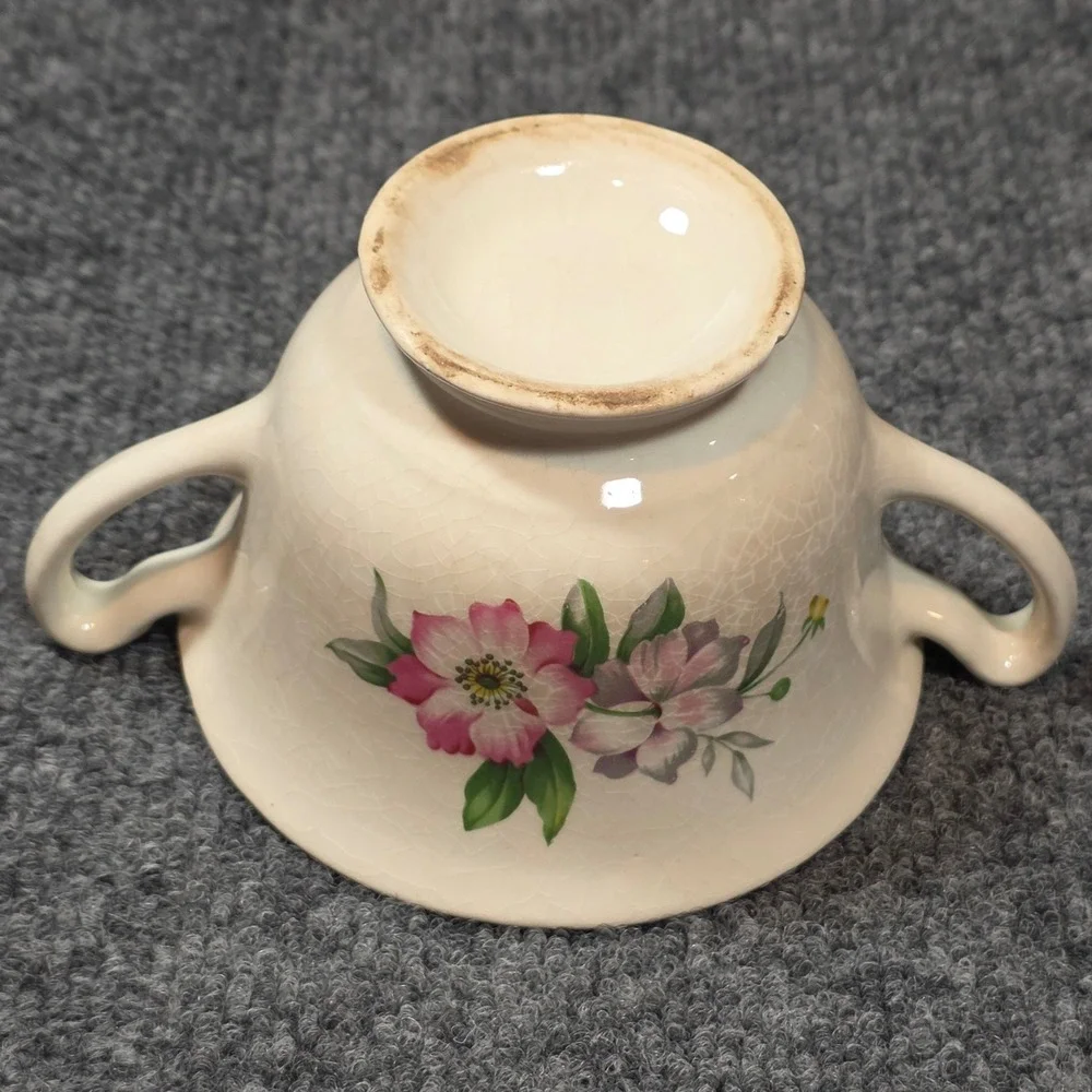 Vintage Floral Ceramic Sugar Bowl Lid Cream Pink Crazed Glaze Pedestal Grandma